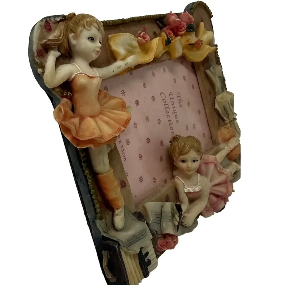 Vintage 90s Ballerina Cherub Resin Picture Frame Pink Floral 3.5x5